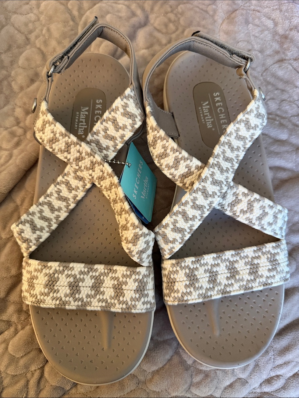 Skechers Women's Taupe and Cream Braided Cross-Strap Sandals